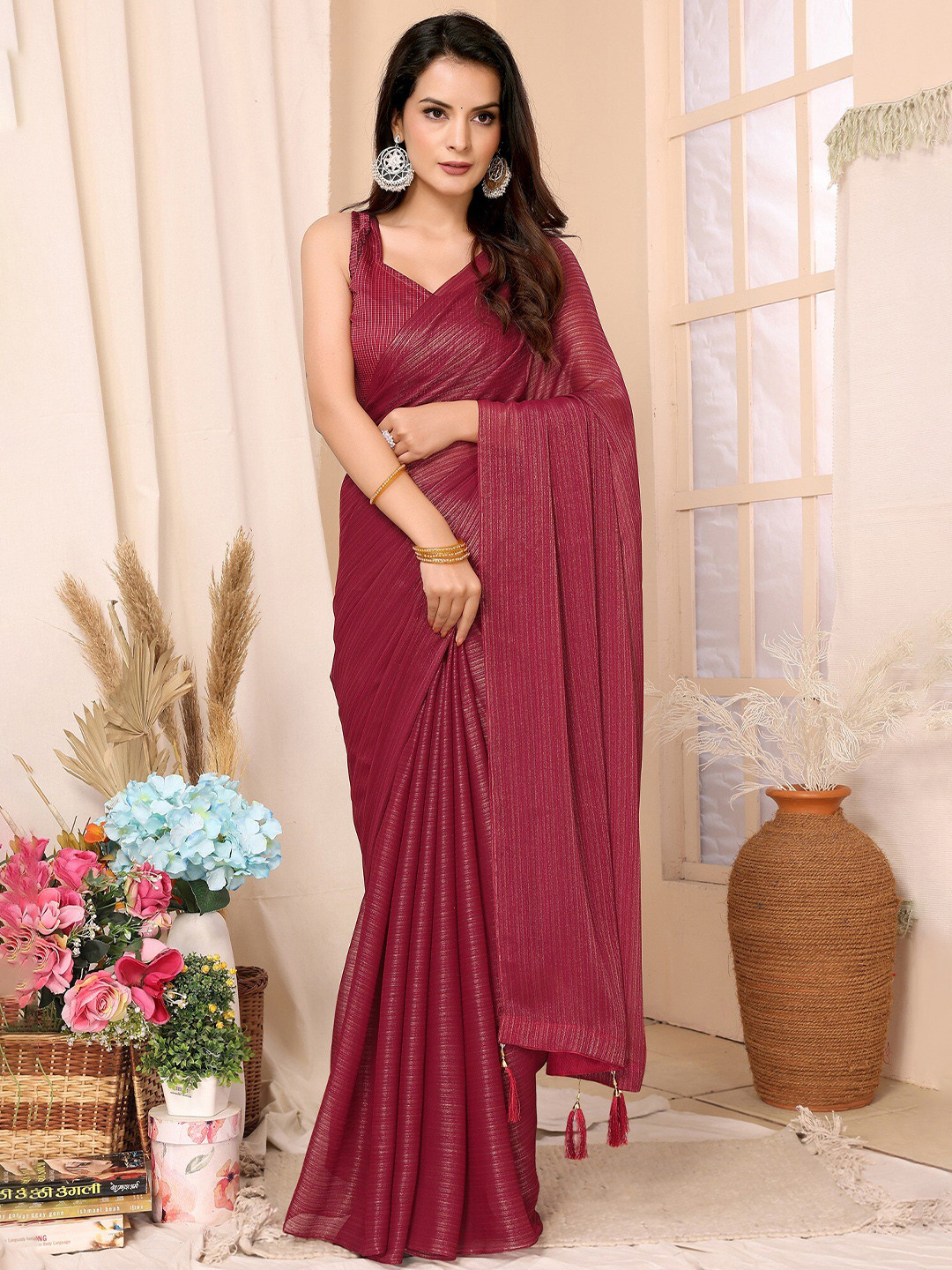

FABMORA Embellished Chiffon Ready to Wear Saree, Pink