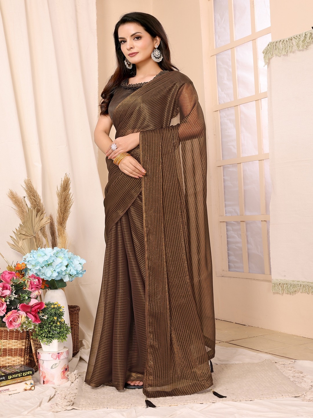 

FABMORA Striped Ready to Wear Saree, Black