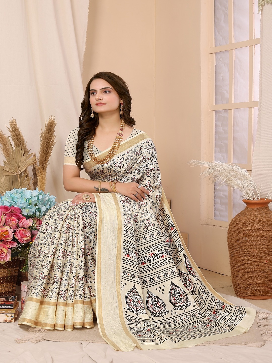 

FABMORA Floral Printed Zari Saree, Off white