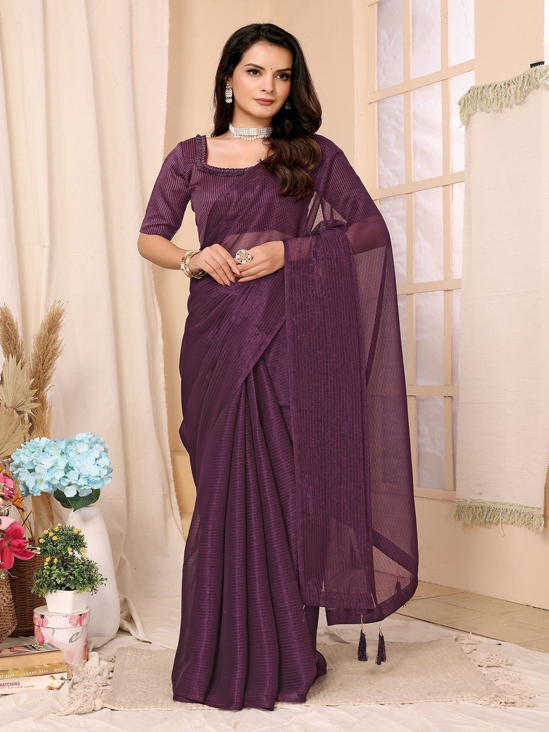 

FABMORA Striped Ready to Wear Saree, Purple