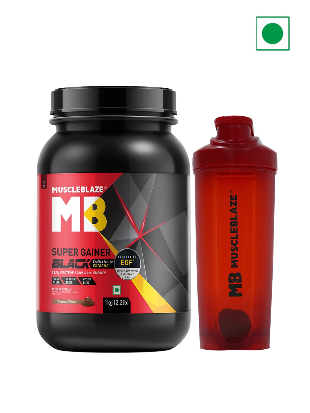 

MuscleBlaze Set of Chocolate Super Gainer Black Powder - 1 kg & Extreme Shaker - 700 ml