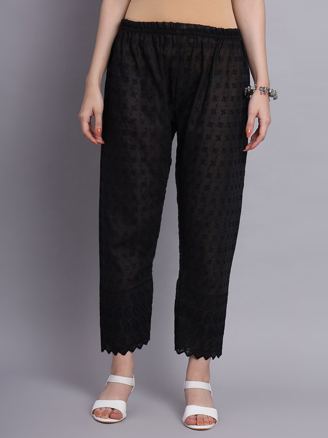 

KALINI Floral Embroidered Chikankari Cotton Palazzo, Black