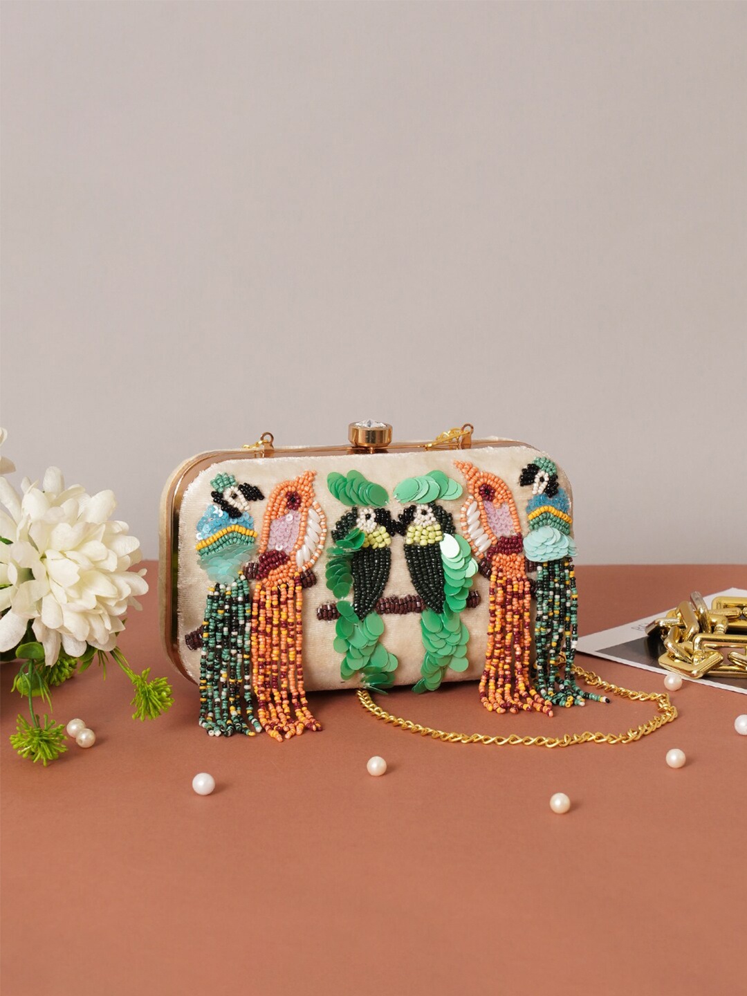 

FABBHUE Embroidered Tasselled Box Clutch, Off white
