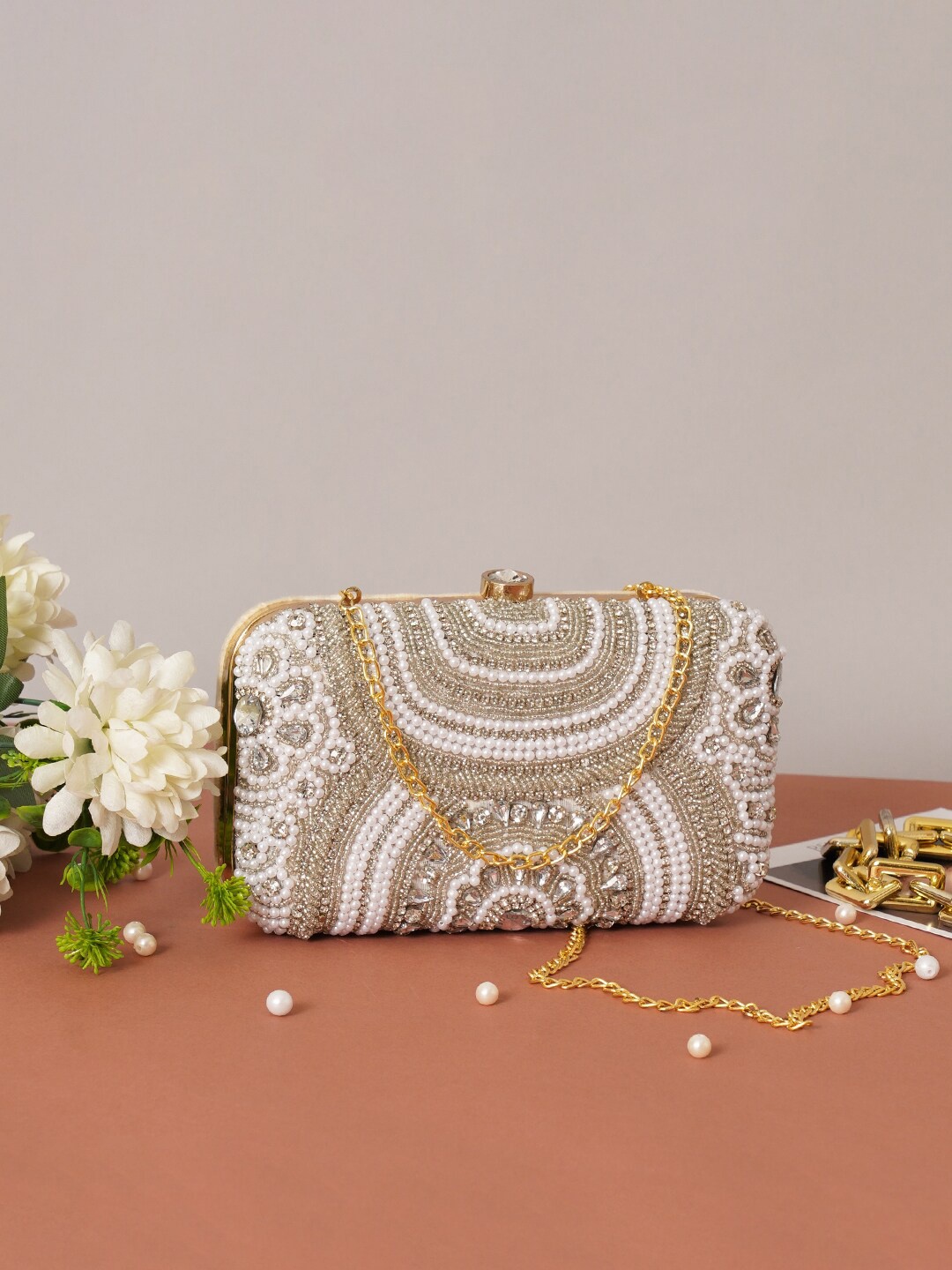 

FABBHUE Embroidered Box Clutch, Silver