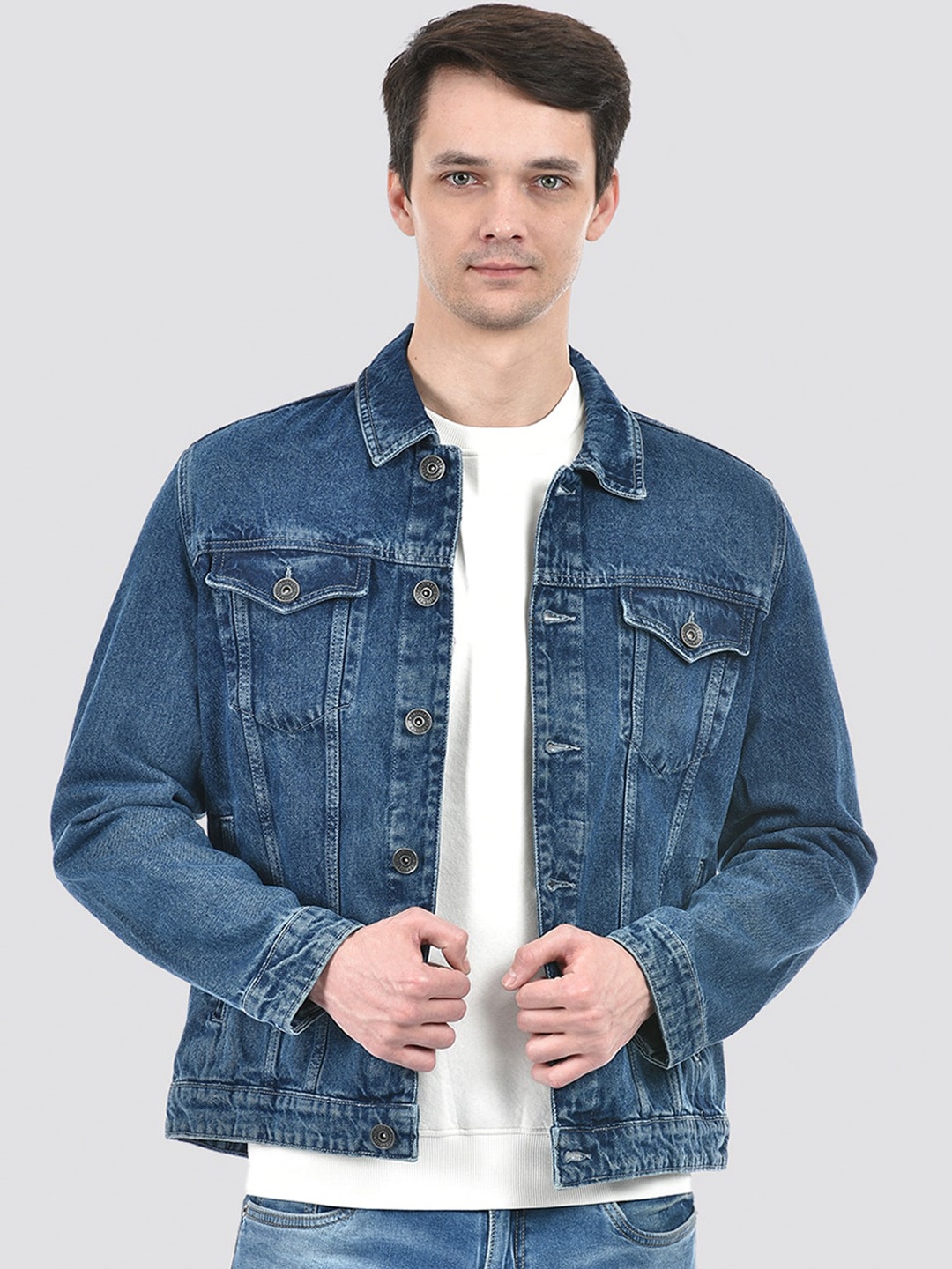 

Integriti Spread Collar Washed Pure Cotton Denim Jacket, Blue