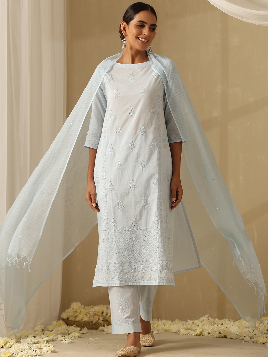 

OKHAI Floral Embroidered Regular Thread Work Pure Cotton Kurta With Trousers & Dupatta, Blue
