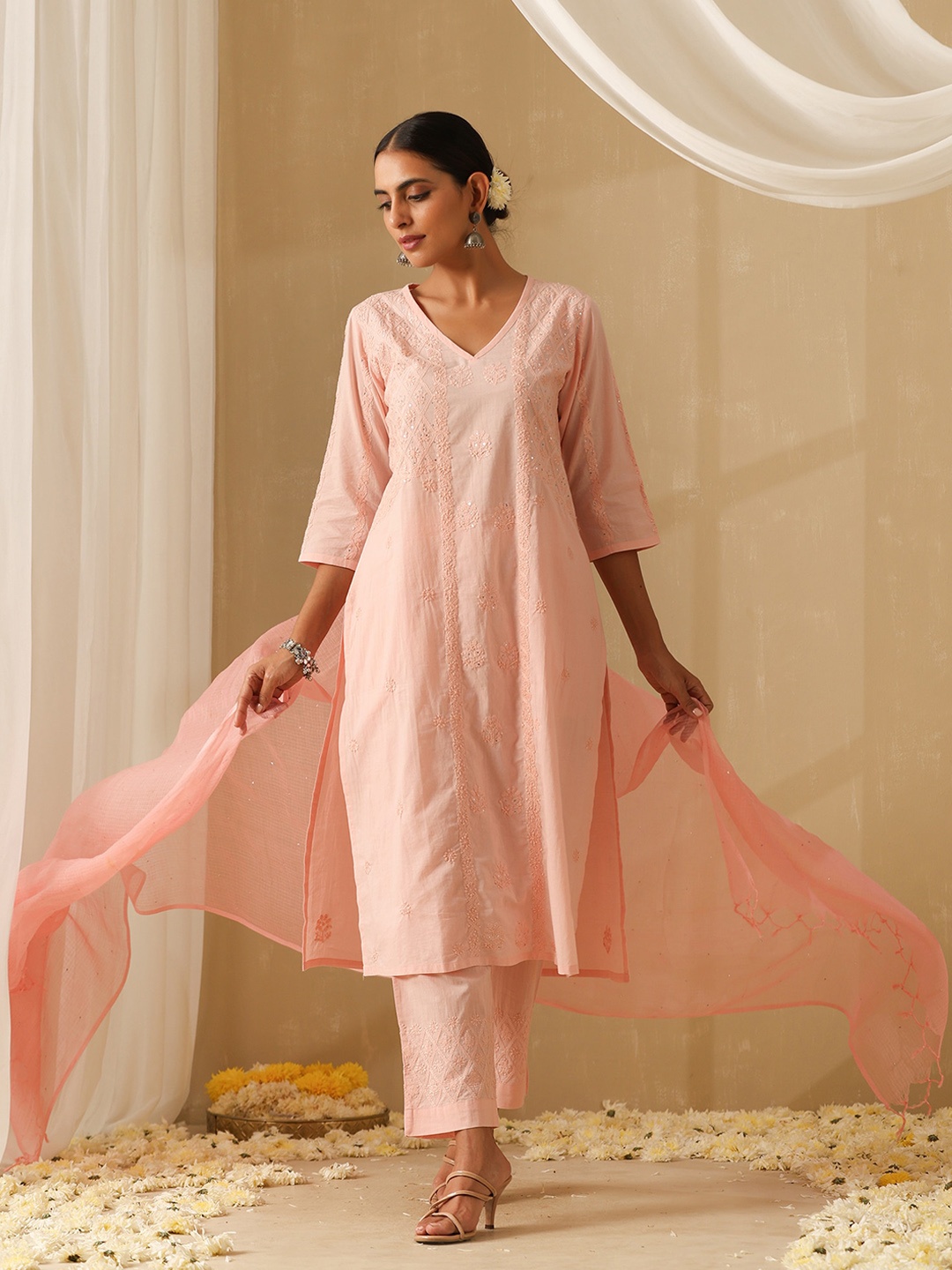 

OKHAI Floral Embroidered Regular Pure Cotton Kurta With Trousers & Dupatta, Pink