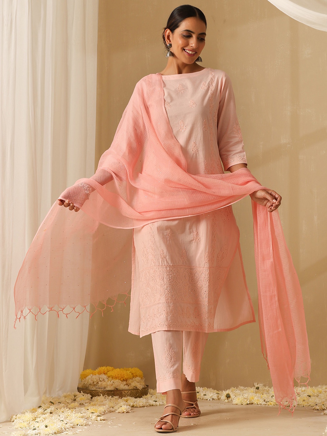 

OKHAI Ethnic Motifs Embroidered Regular Pure Cotton Kurta With Trousers & Dupatta, Pink