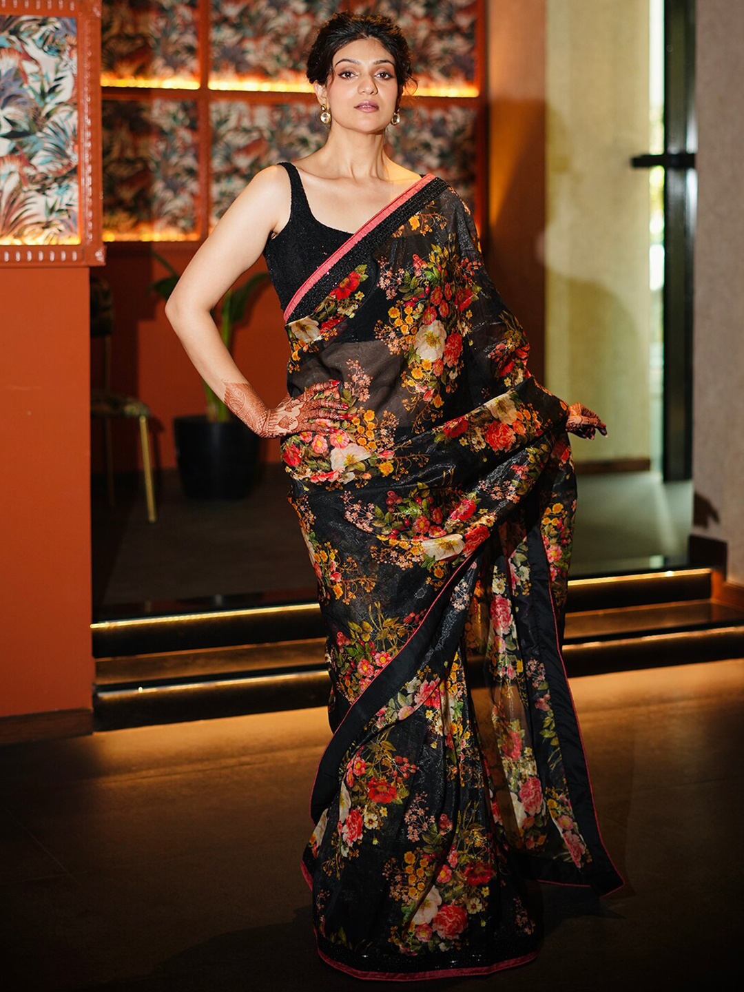 

FABPIXEL Floral Sequinned Organza Saree, Black