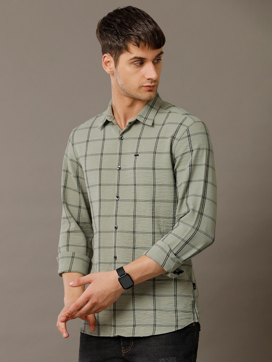 

IDENTITI Slim Fit Windowpane Checks Casual Shirt, Olive