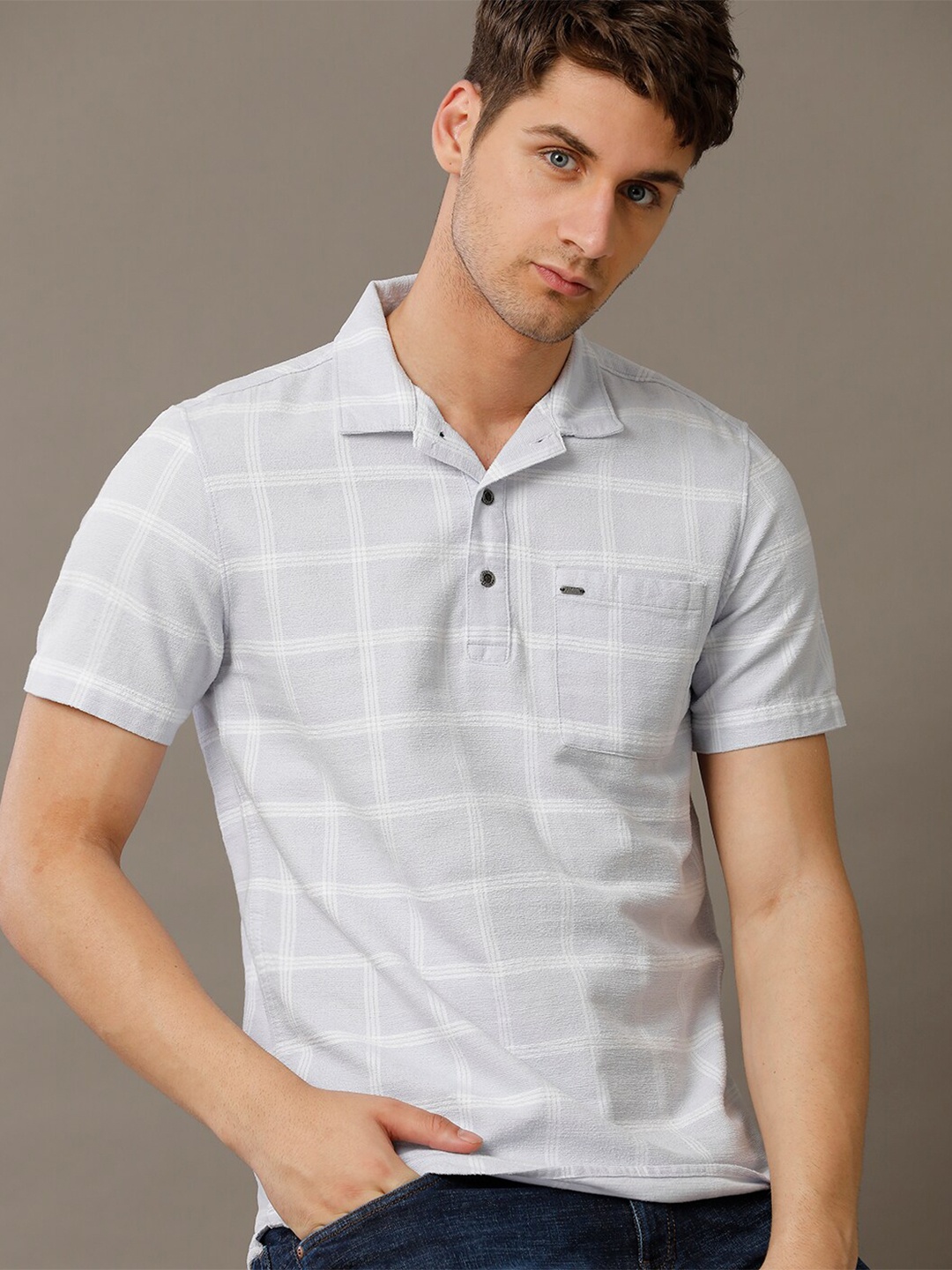 

IDENTITI Slim Fit Windowpane Checks Pure Cotton Casual Shirt, Blue