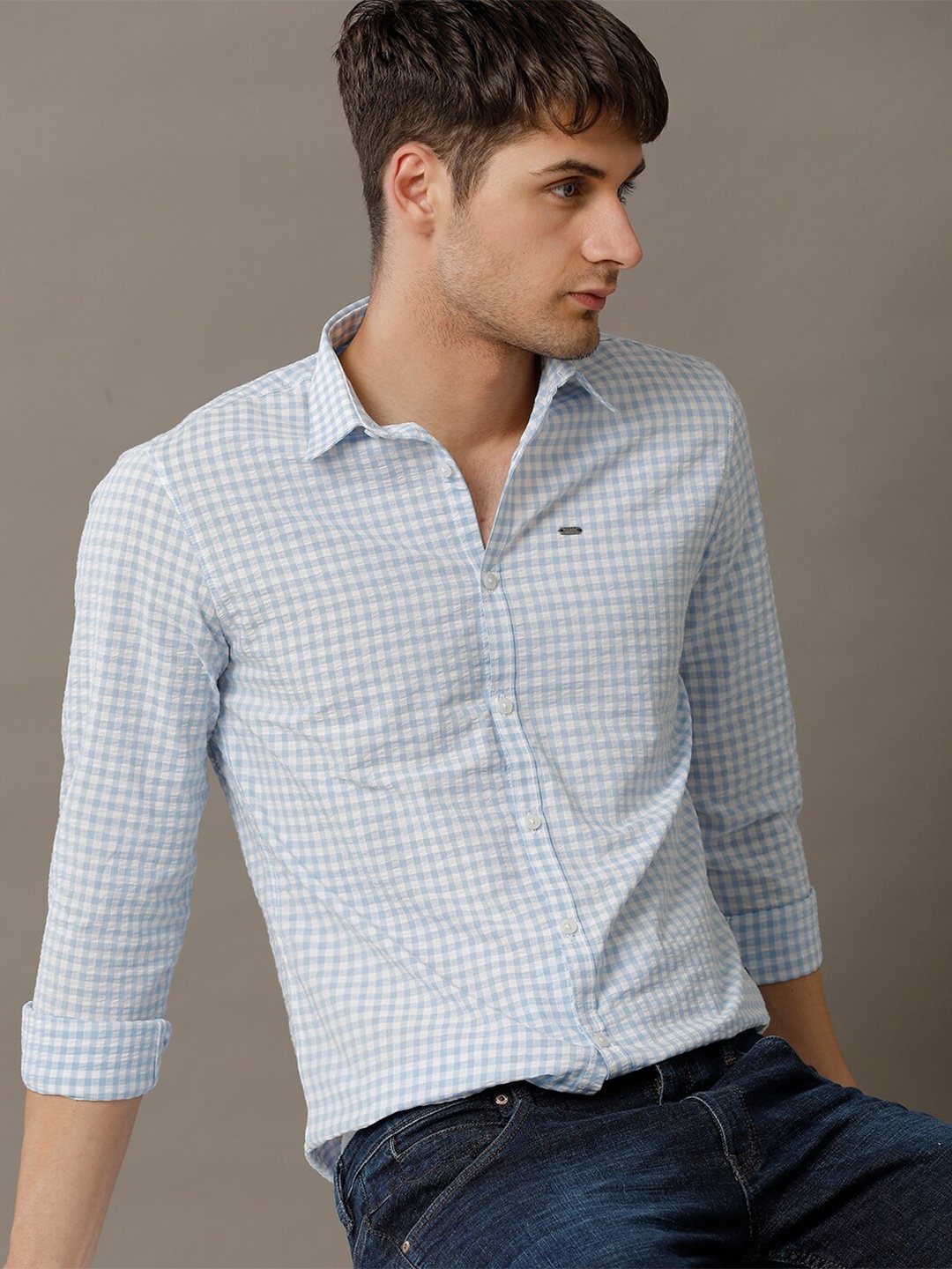 

IDENTITI Slim Fit Gingham Checked Casual Shirt, Blue