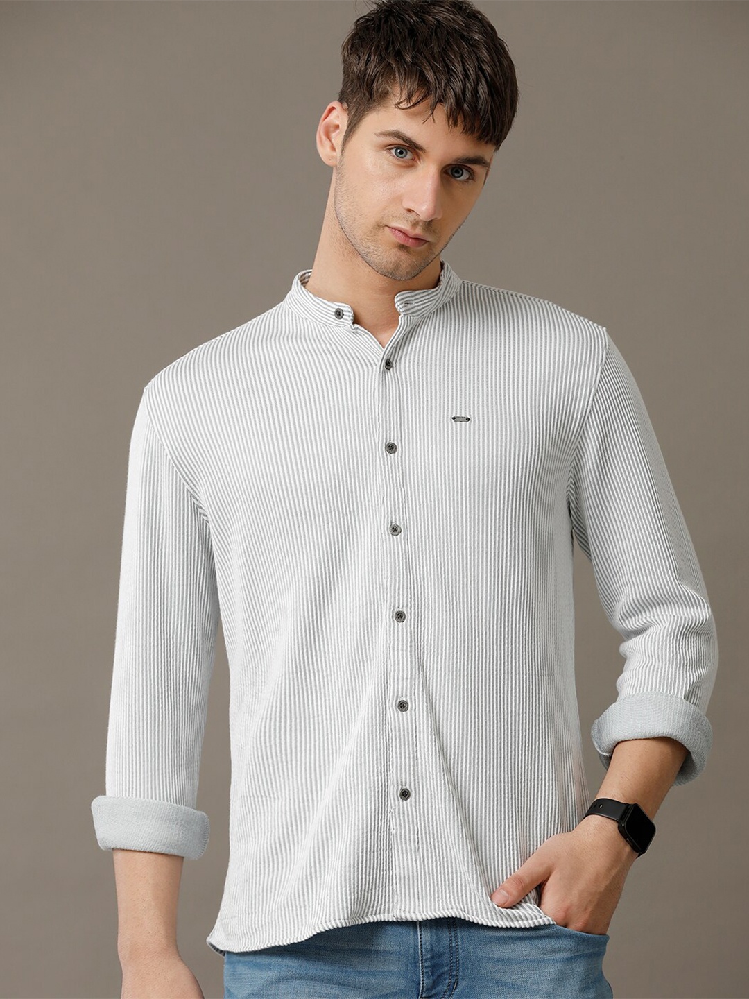 

IDENTITI Slim Fit Vertical Striped Band Collar Casual Shirt, Grey