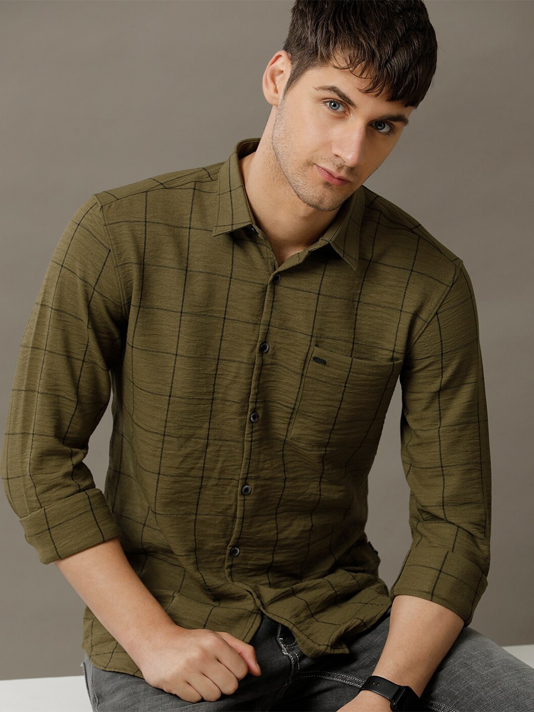 

IDENTITI Slim Fit Tartan Checks Casual Shirt, Olive