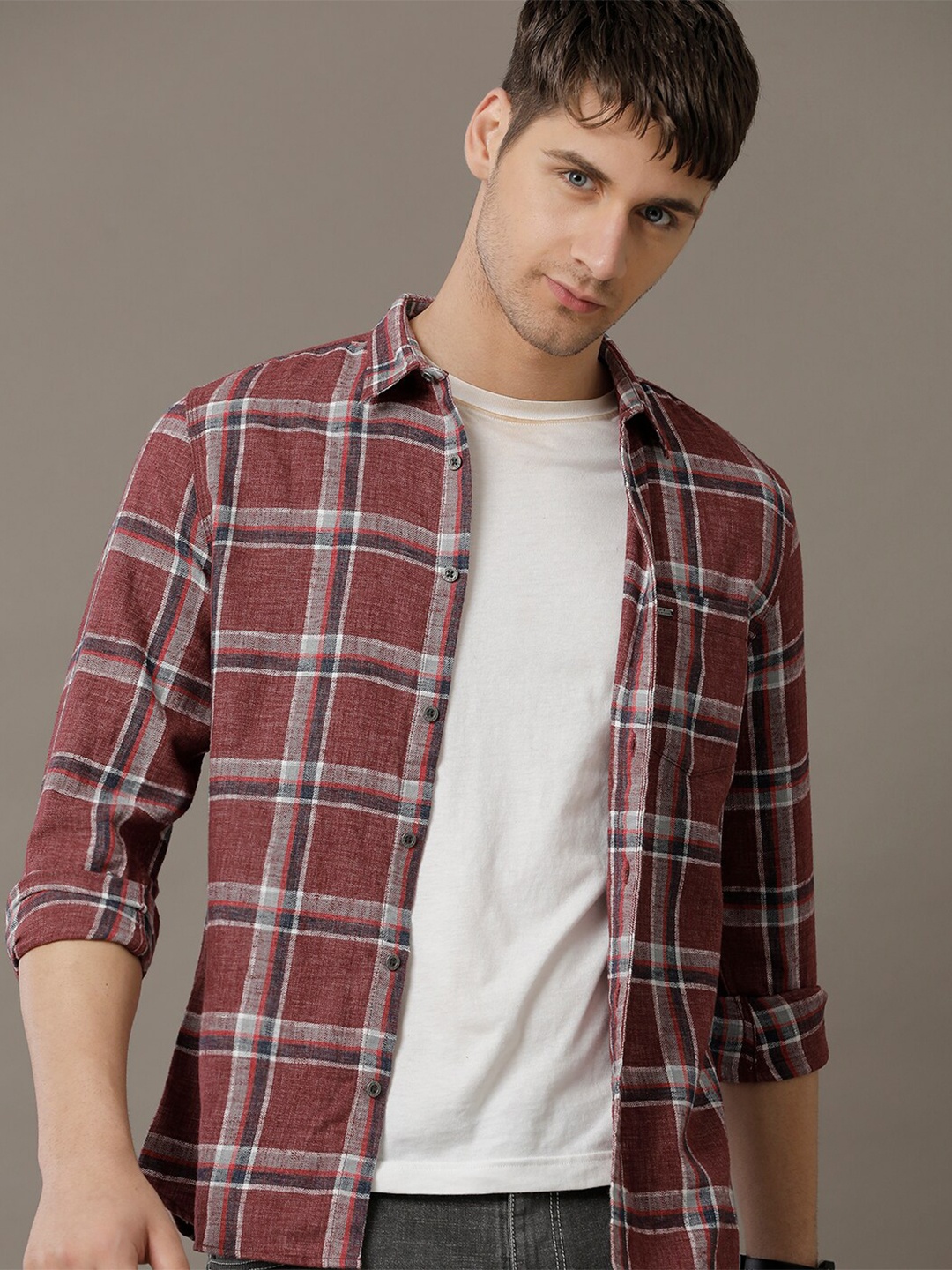 

IDENTITI Slim Fit Tartan Checked Pure Cotton Casual Shirt, Maroon