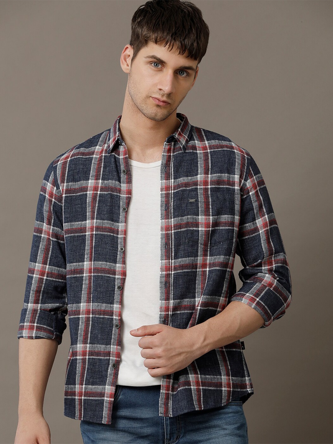 

IDENTITI Slim Fit Tartan Checks Pure Cotton Casual Shirt, Blue