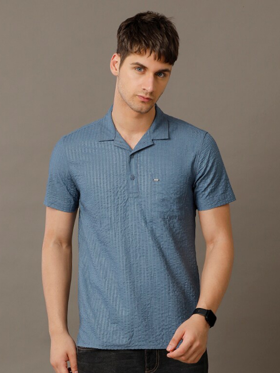 

IDENTITI Slim Fit Textured Cuban Collar Casual Shirt, Grey