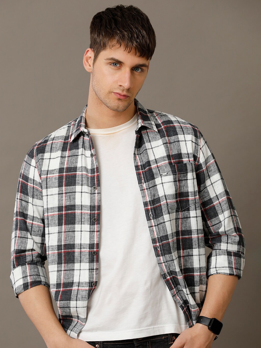 

IDENTITI Slim Fit Tartan Checks Pure Cotton Casual Shirt, Grey melange