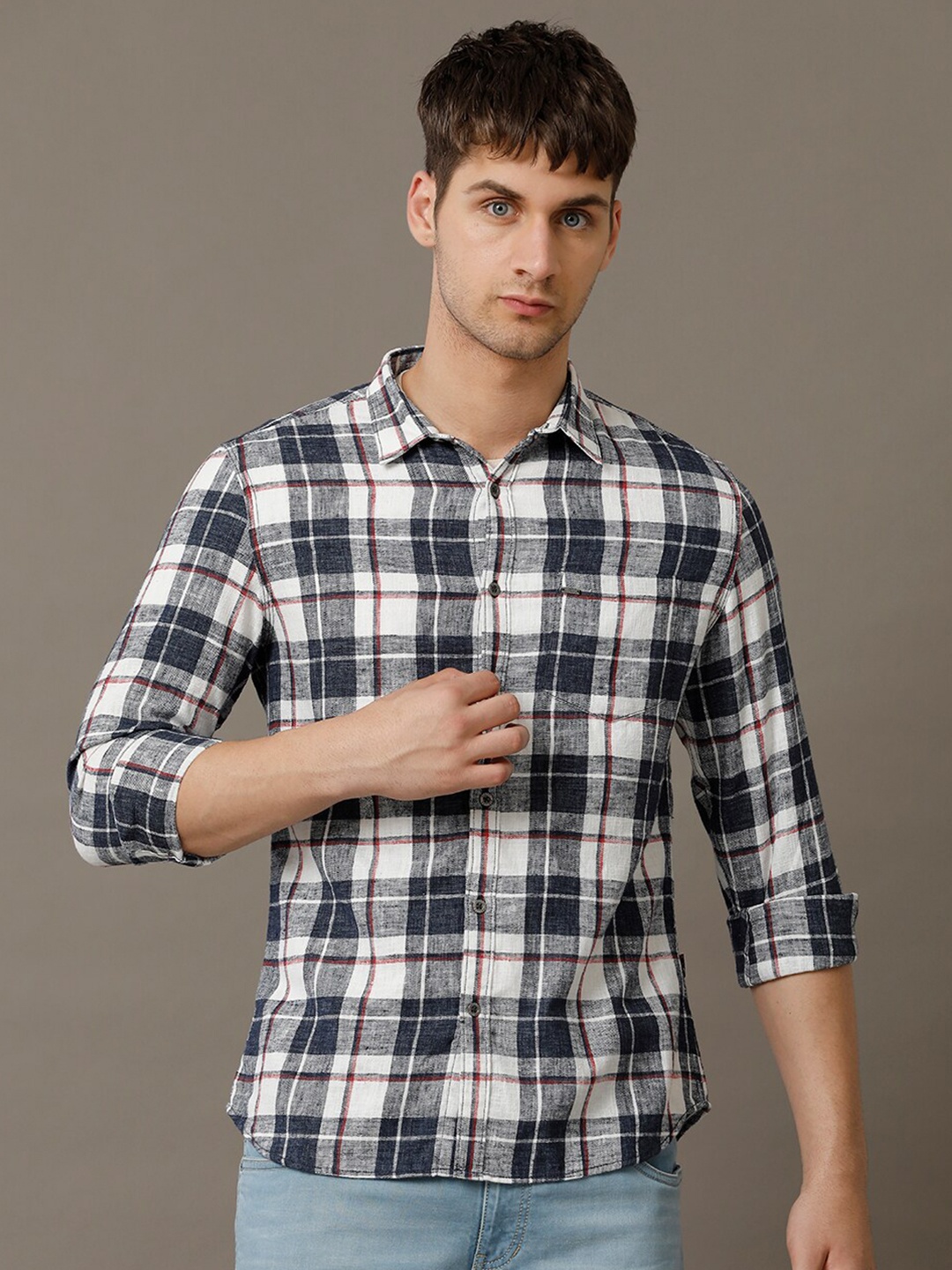 

IDENTITI Slim Fit Tartan Checks Pure Cotton Casual Shirt, Blue