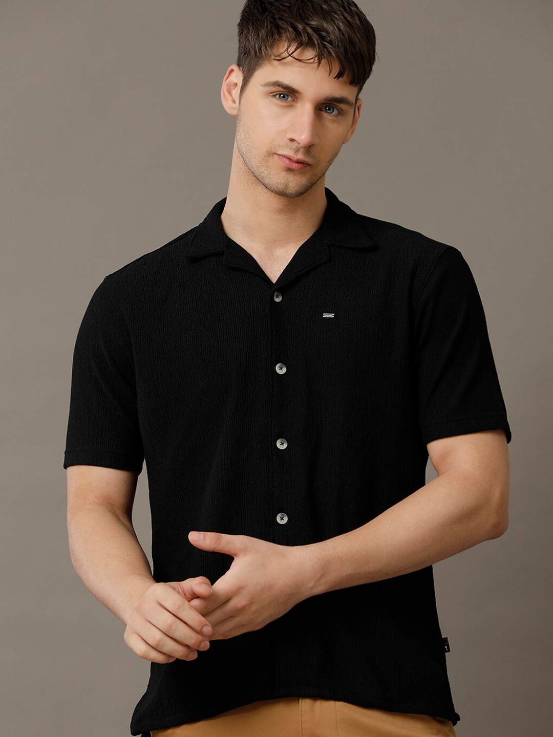 

IDENTITI Slim Fit Cuban Collar Casual Shirt, Black