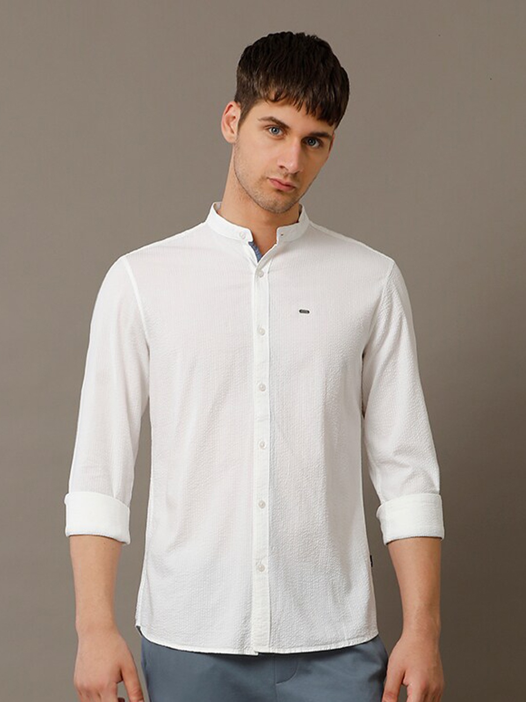 

IDENTITI Slim Fit Mandarin Collar Pure Cotton Casual Shirt, White