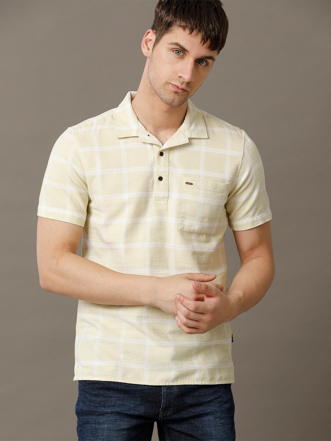 

IDENTITI Slim Fit Checked Pure Cotton Casual Shirt, Yellow