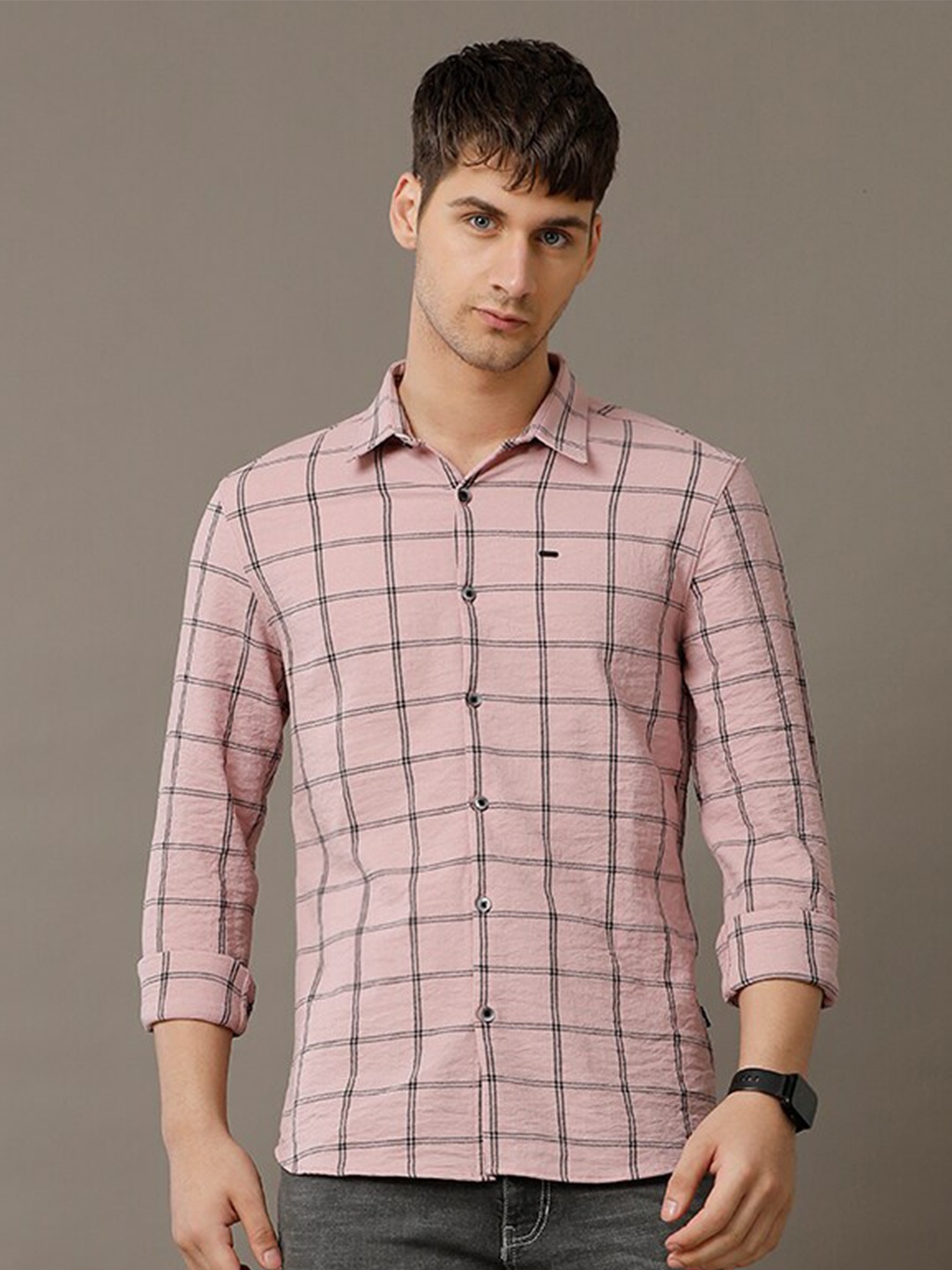 

IDENTITI Slim Fit Windowpane Checks Casual Shirt, Pink