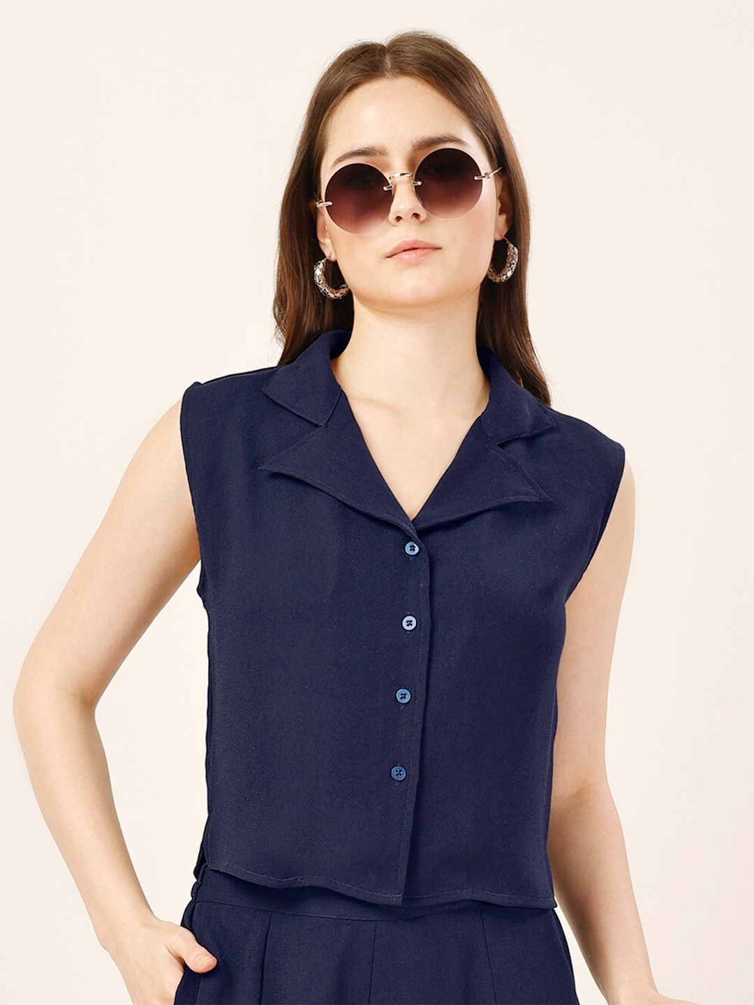 

Fashfun Cuban Collar Casual Shirt, Navy blue