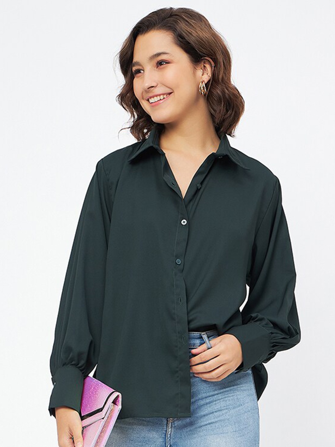

Fashfun Spread Collar Crepe Casual Shirt, Green