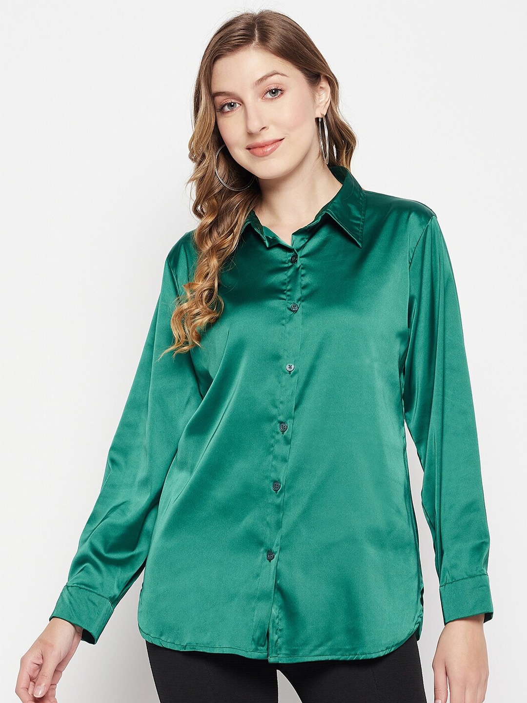 

Fashfun Spread Collar Satin Casual Shirt, Green