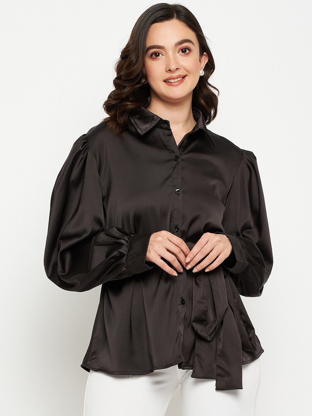 

Fashfun Spread Collar Satin Casual Shirt, Brown