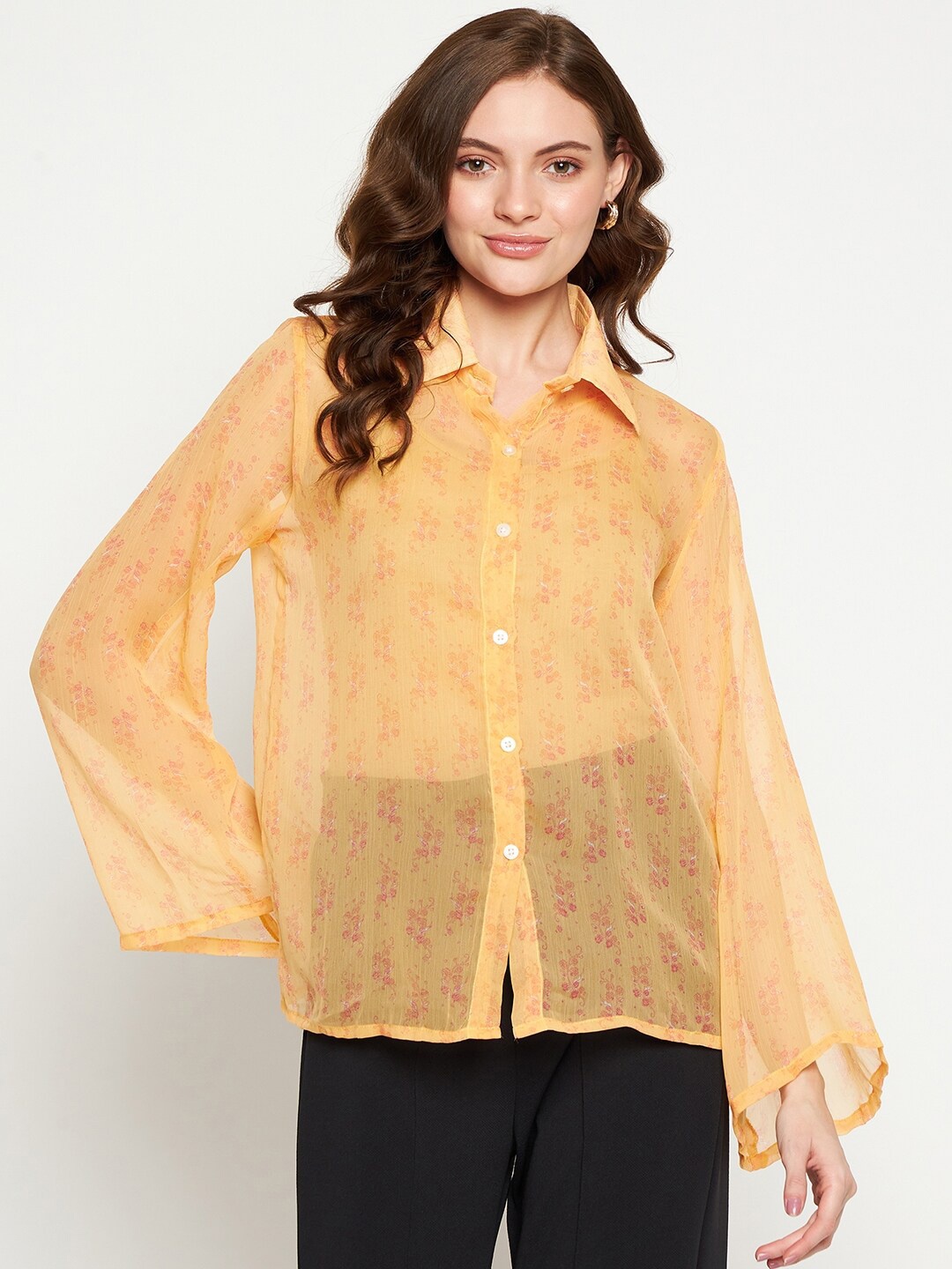 

Fashfun Floral Printed Spread Collar Semi Sheer Chiffon Casual Shirt, Mustard