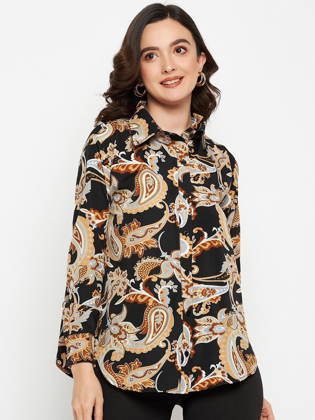 

Fashfun Floral Printed Spread Collar Crepe Casual Shirt, Black