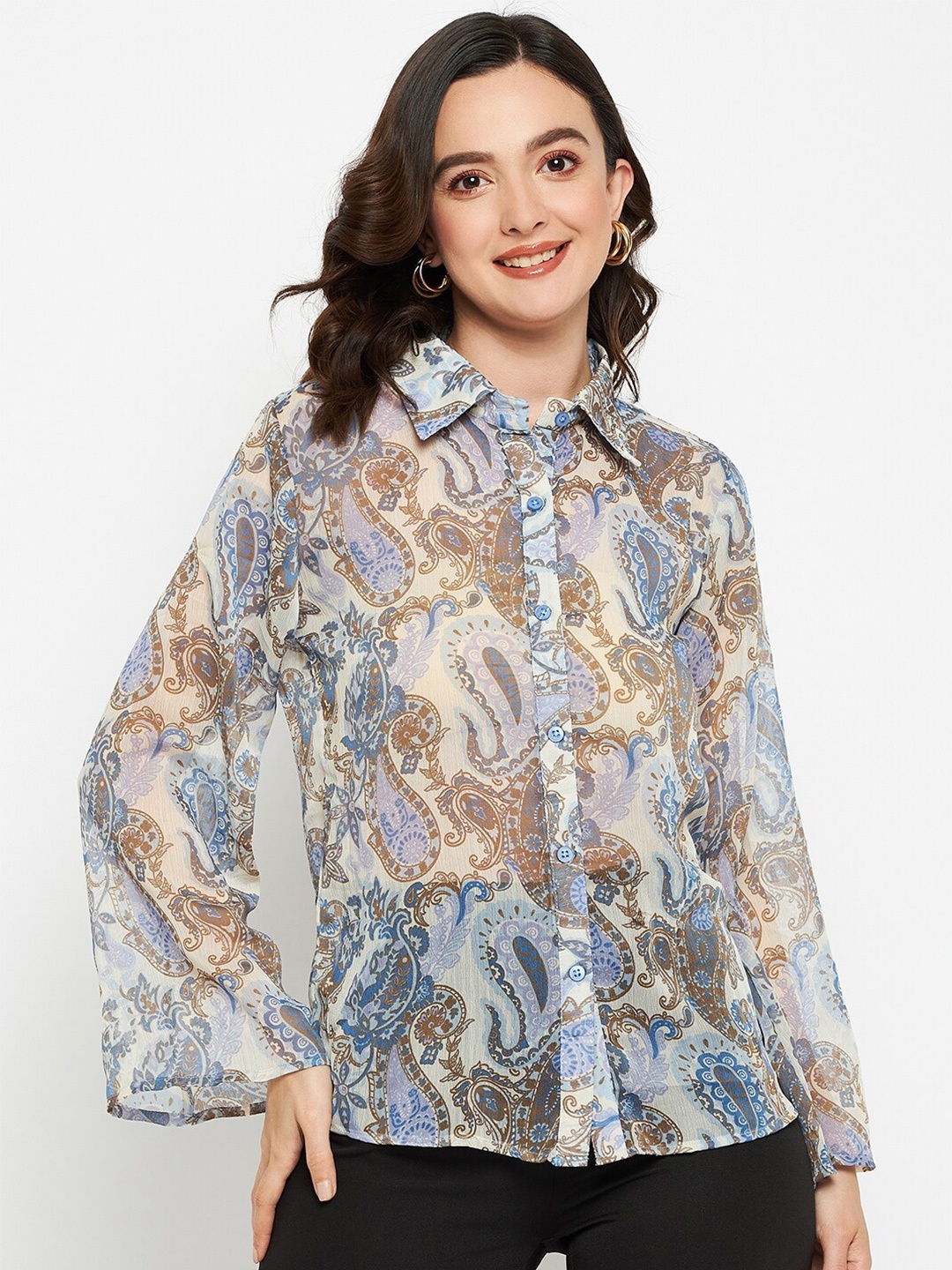 

Fashfun Floral Printed Spread Collar Semi Sheer Chiffon Casual Shirt, Cream