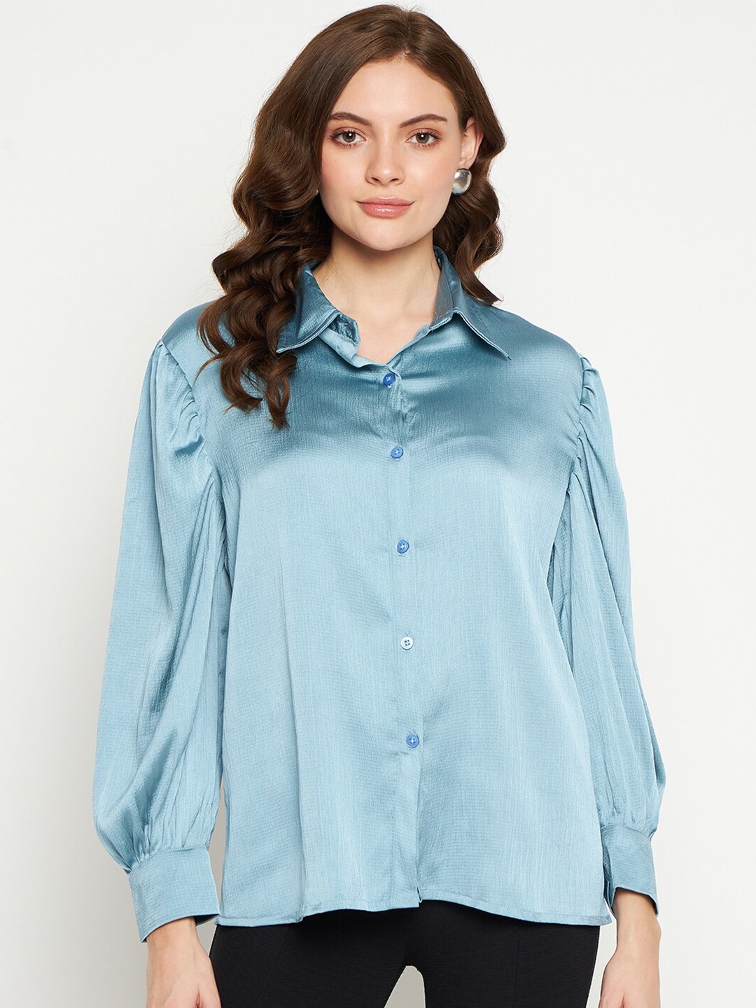 

Fashfun Spread Collar Satin Casual Shirt, Blue