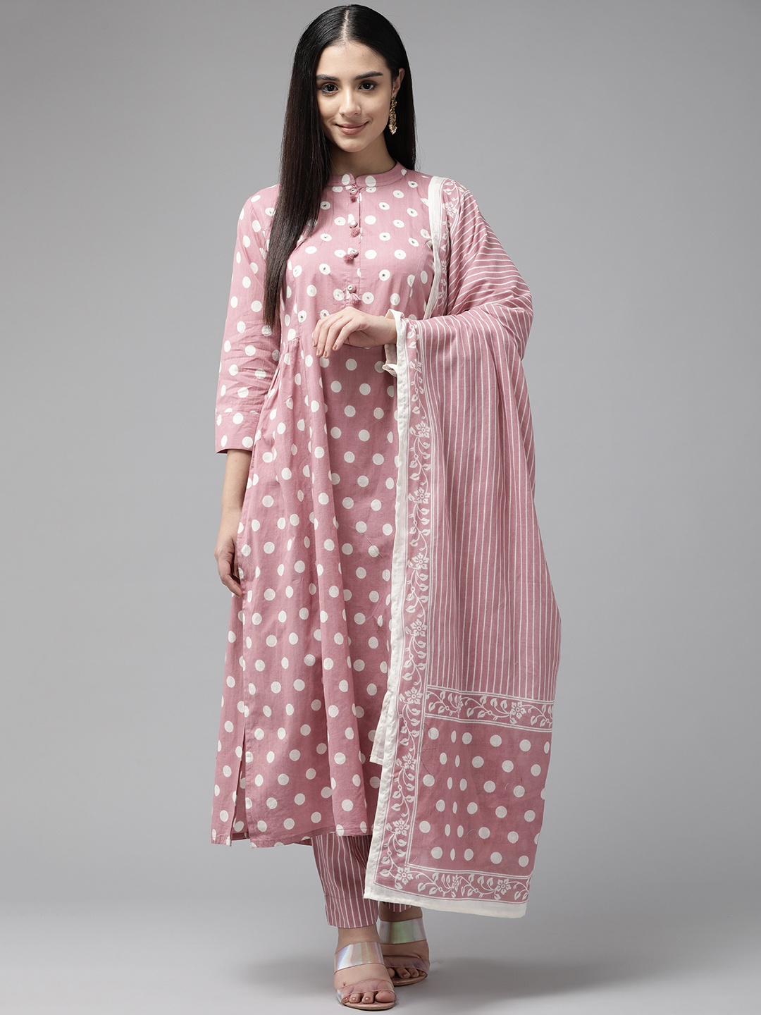

Cayman Women Printed Mirror Work Pure Cotton Kurta with Trousers & With Dupatta, Mauve