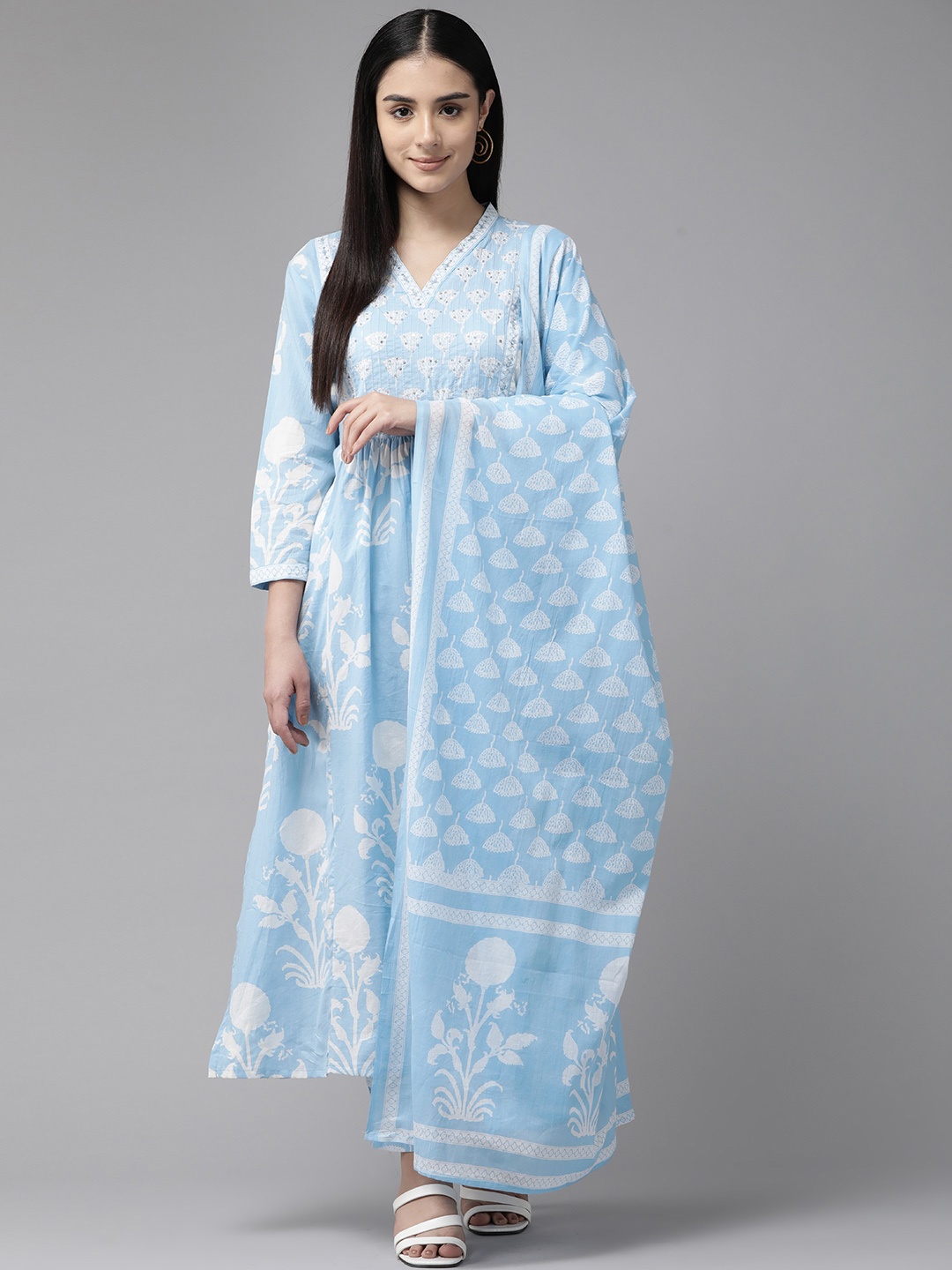 

Cayman Women Floral Printed Sequinned Pure Cotton Kurta with Trousers & With Dupatta, Blue
