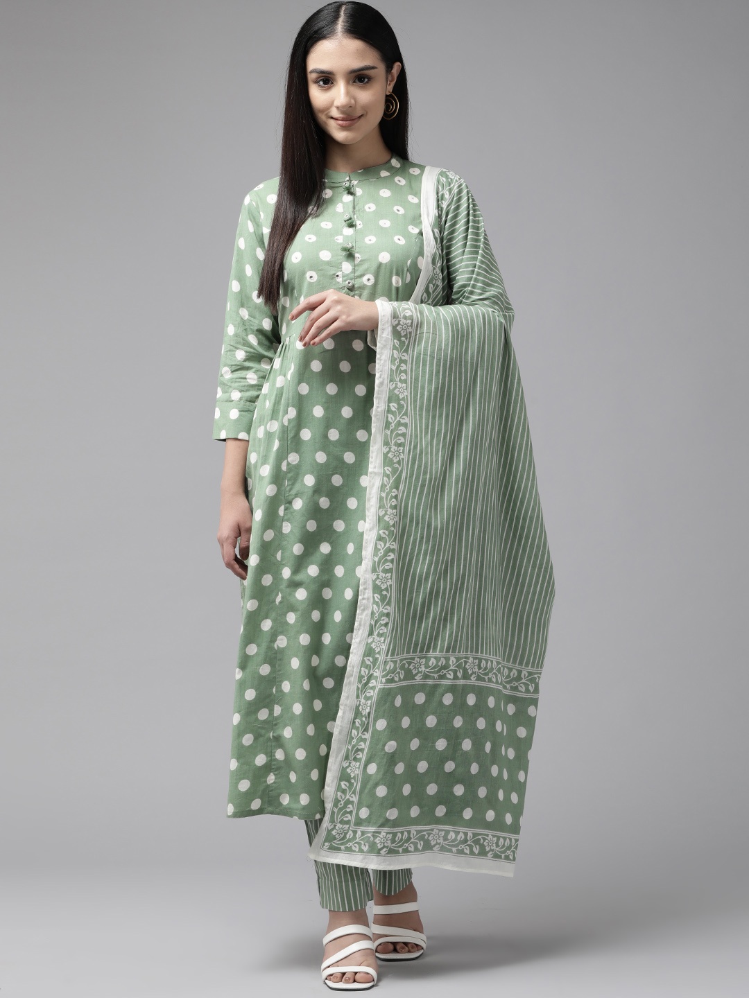 

Cayman Women Printed Mirror Work Pure Cotton Kurta with Trousers & With Dupatta, Green