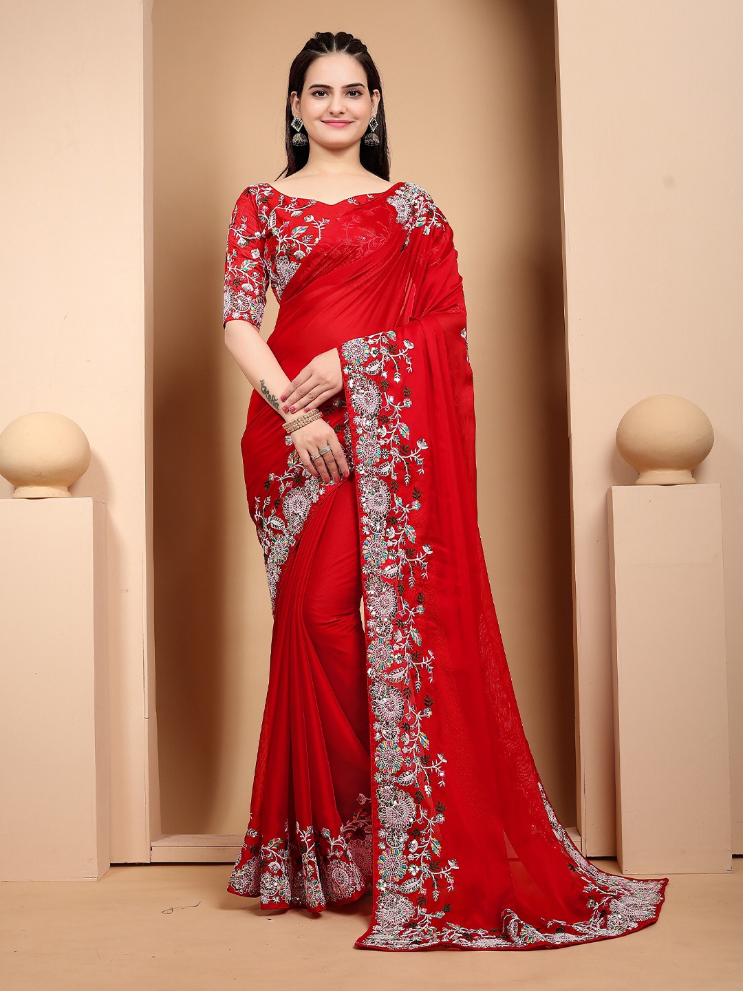 

HERE&NOW Floral Embroidered Pure Silk Saree, Red