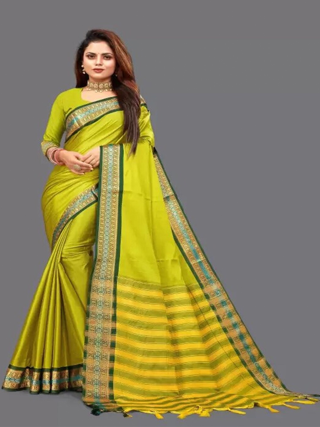 

Paramparik Textile Zari Pure Silk Mysore Silk Saree, Lime green