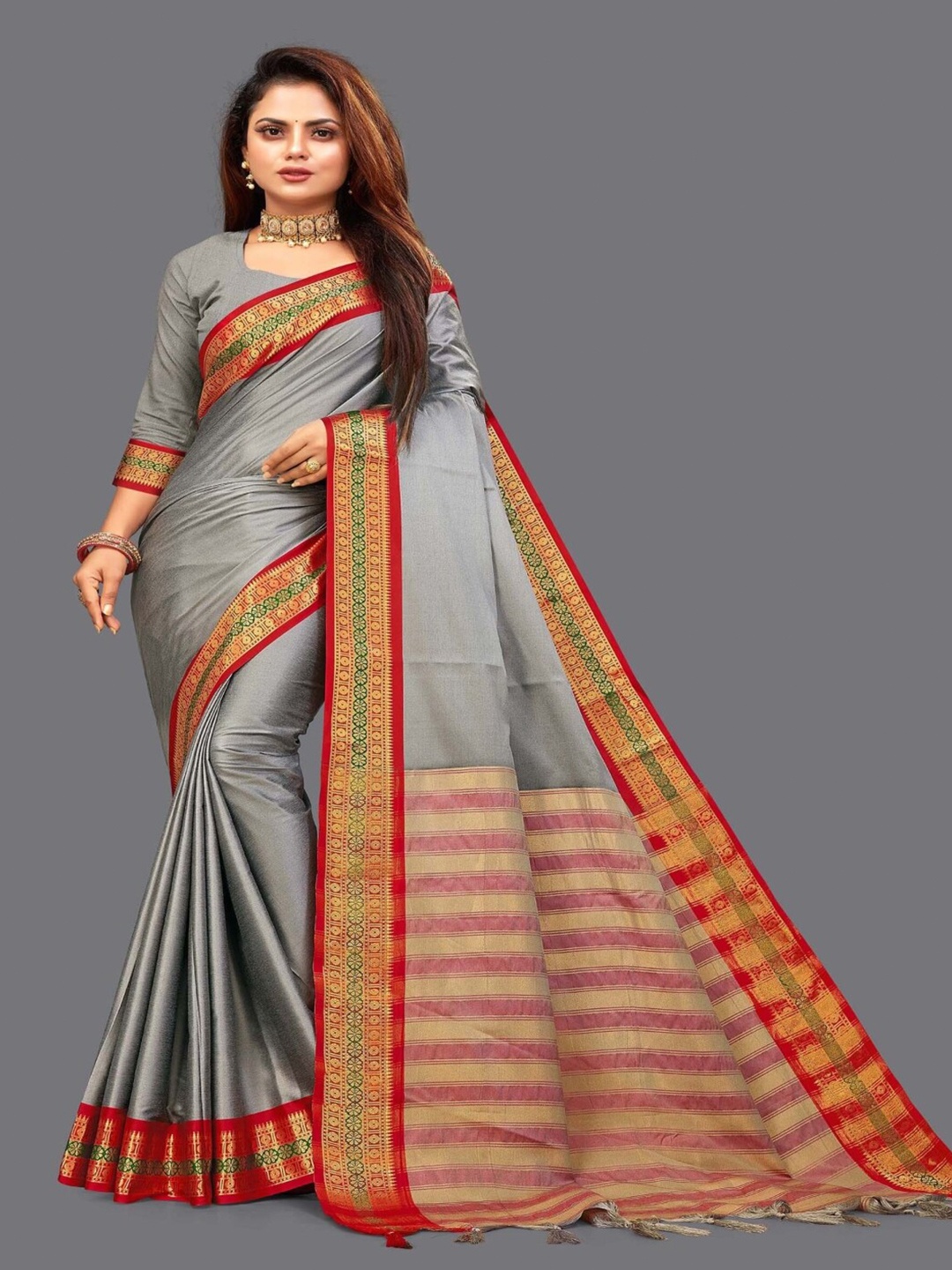

Paramparik Textile Woven Design Zari Mysore Silk Saree, Grey