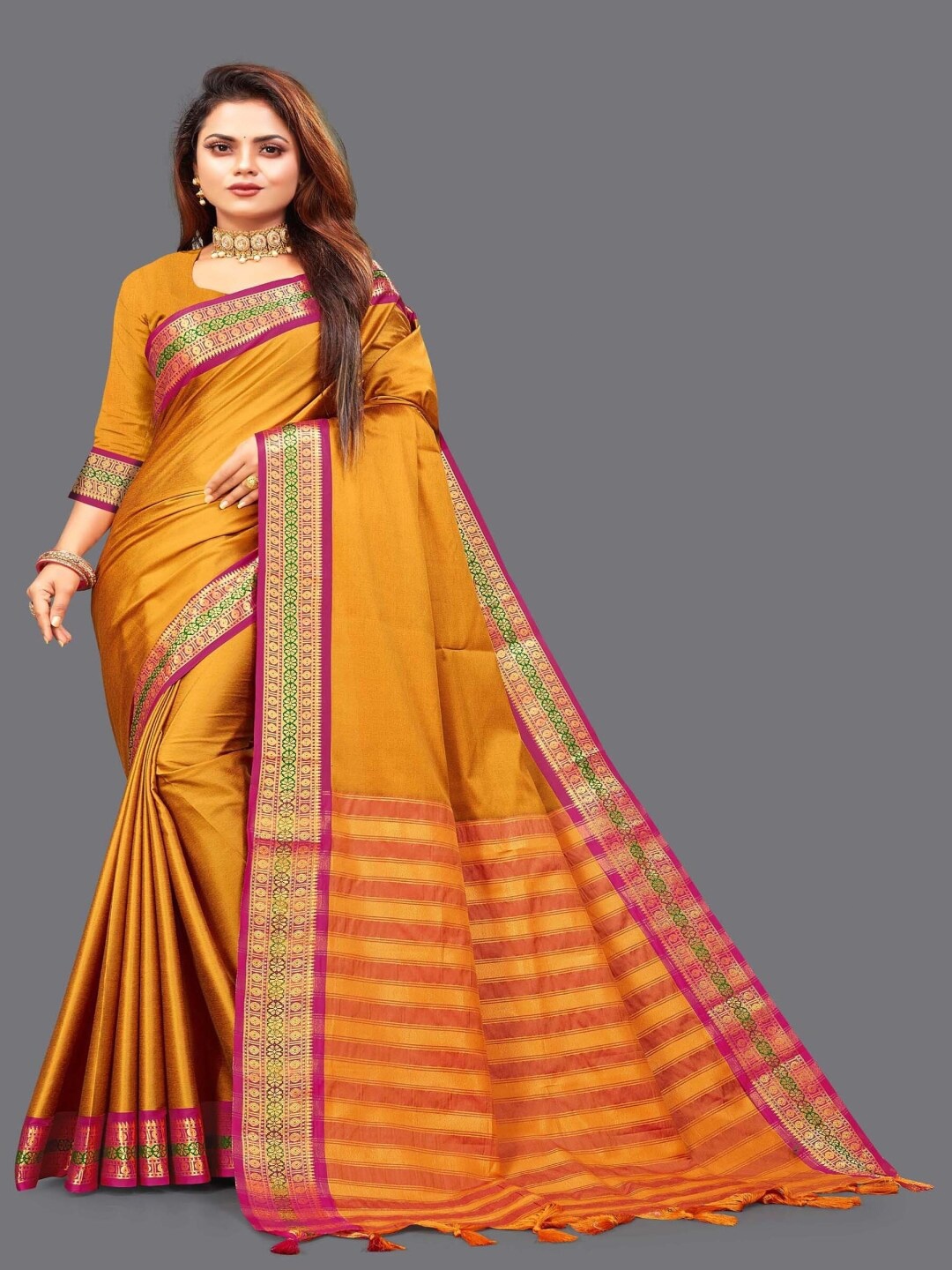 

Paramparik Textile Zari Pure Silk Mysore Silk Saree, Mustard