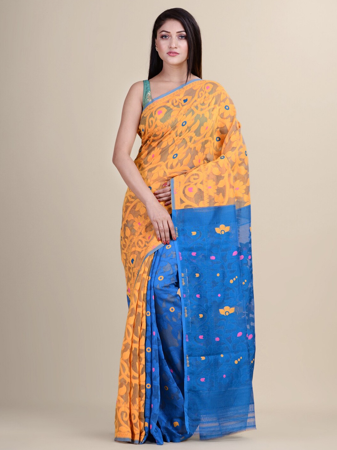 

HOUSE OF ARLI Woven Design Pure Cotton Jamdani Saree, Yellow