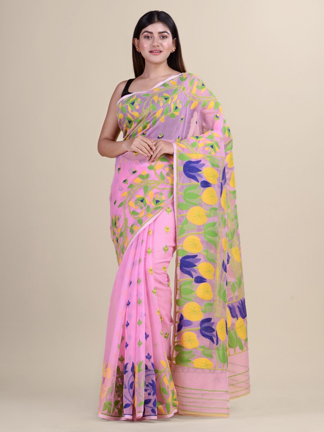 

HOUSE OF ARLI Woven Design Pure Cotton Jamdani Saree, Pink