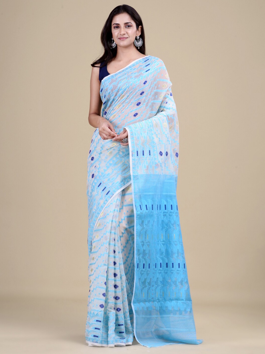 

HOUSE OF ARLI Woven Design Pure Cotton Jamdani Saree, White