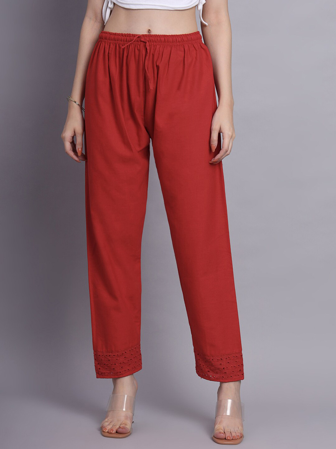 

KALINI Hem Design Lace Pure Cotton Palazzos, Red