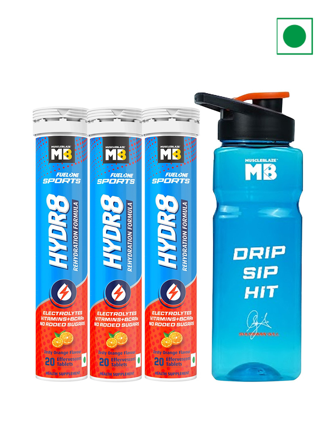 

MuscleBlaze Set of 3 Zesty Orange Fuel One Sports Hydr8 Tablets & Sipper - 20 Tablets Each, Blue