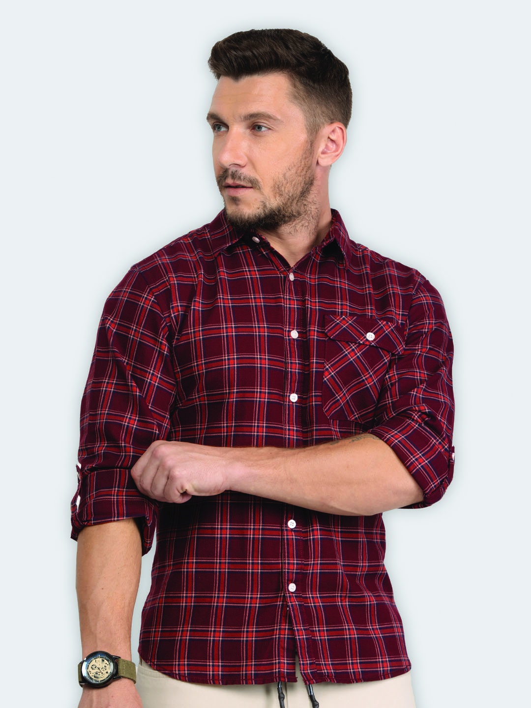 

USMC Relaxed Fit Checked Roll-Up Sleeves Cotton Casual Shirt, Maroon