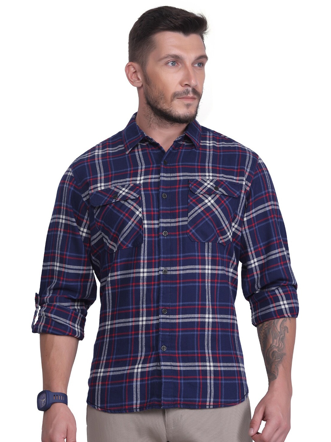 

USMC Men Relaxed Checked Cotton Casual Shirt, Navy blue