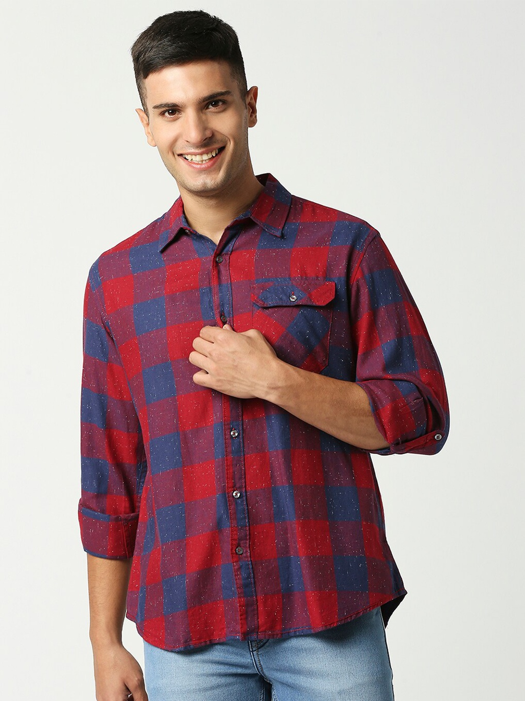 

USMC Relaxed Checked Cotton Casual Shirt, Red